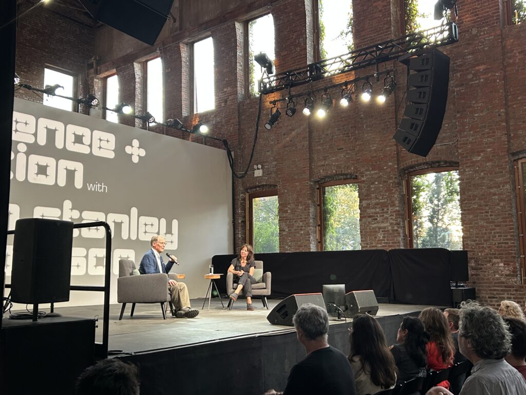 Kim Stanley Robinson, renowned science-fiction writer who more recently has turned his focus from space to life on a hotter Earth, spoke on June 16 with Janna Levin at Pioneer Works in Red Hook. Photo: Ella Spungen/Brooklyn Eagle