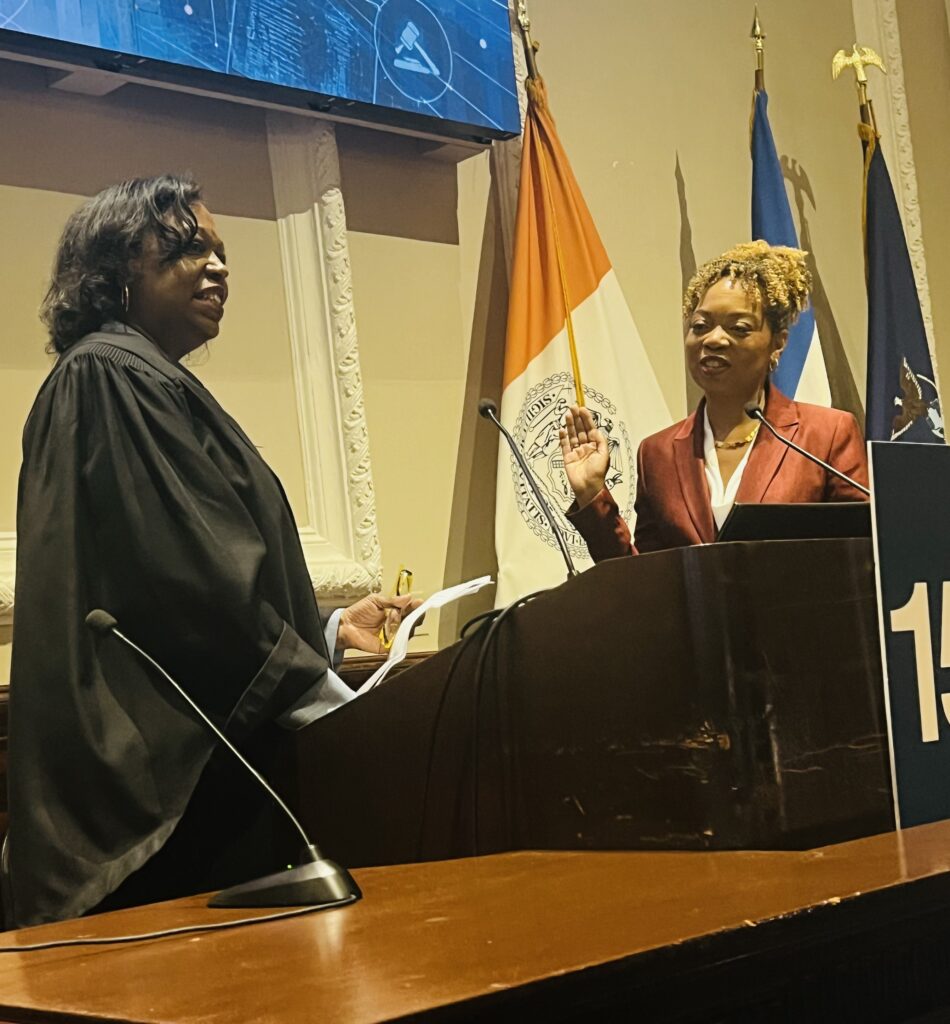 Hon. Marguerite Grays swears in Taa Grays, Esq., as president of the New York State Bar Association. Grays is the first Black woman to hold this position in the association’s 150-year history. Photo: Wayne Daren Schneiderman/Brooklyn Eagle