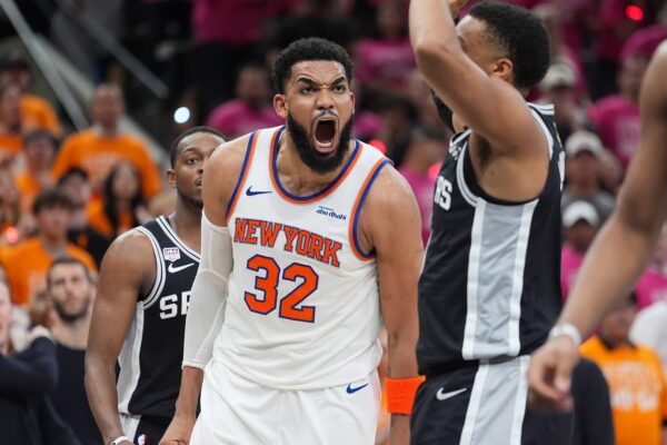 New York Knicks center Karl-Anthony Towns (32) yells during the second half of Game 1 of the NBA Finals basketball series against the San Antonio Spurs, Wednesday, June 3, 2026, in San Antonio. Photo: Eric Gay/AP