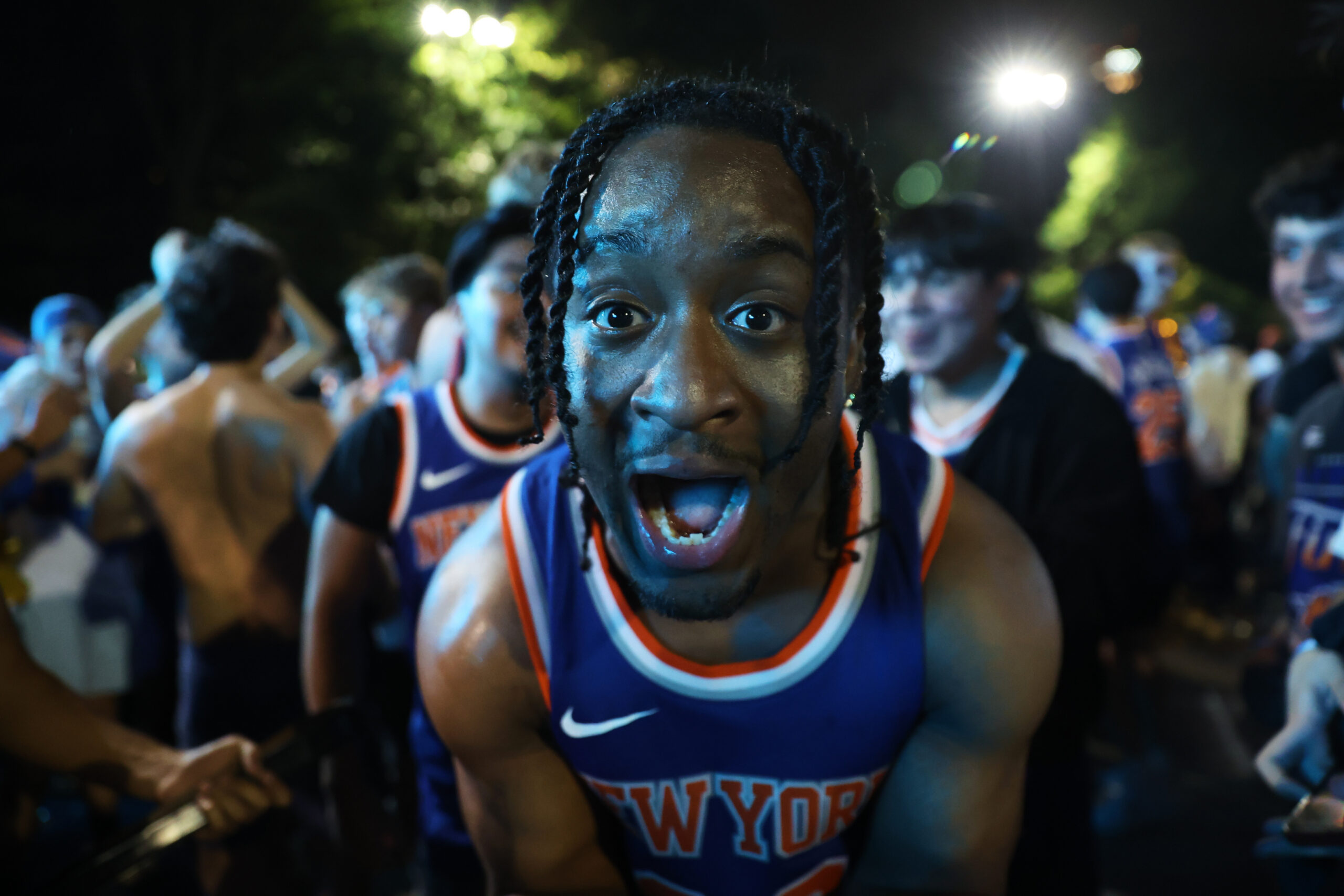 New York Knicks fans celebrate during a watch party inside Central Park after the Knicks won Game 4 of the NBA Finals basketball series against the San Antonio Spurs, Wednesday, June 10, 2026, in New York. Photo: Heather Khalifa/AP