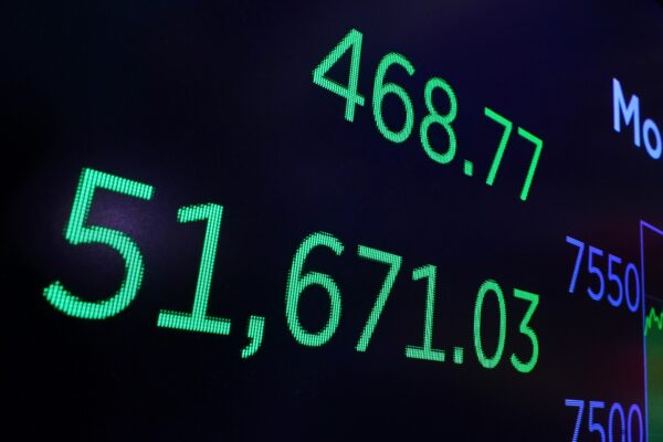 A board above the New York Stock Exchange trading floor displays the closing number for the Dow Jones industrial averge, Monday, June 15, 2026. Photo: Richard Drew/AP