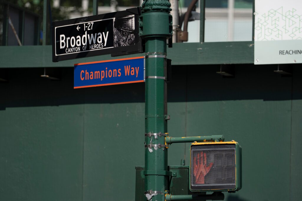A street sign reading "Champions Way" is posted along Broadway known as the "Canyon of Heroes", ahead of the New York Knicks' ticker-tape parade, Wednesday, June 17, 2026, in New York. Photo: Yuki Iwamura/AP