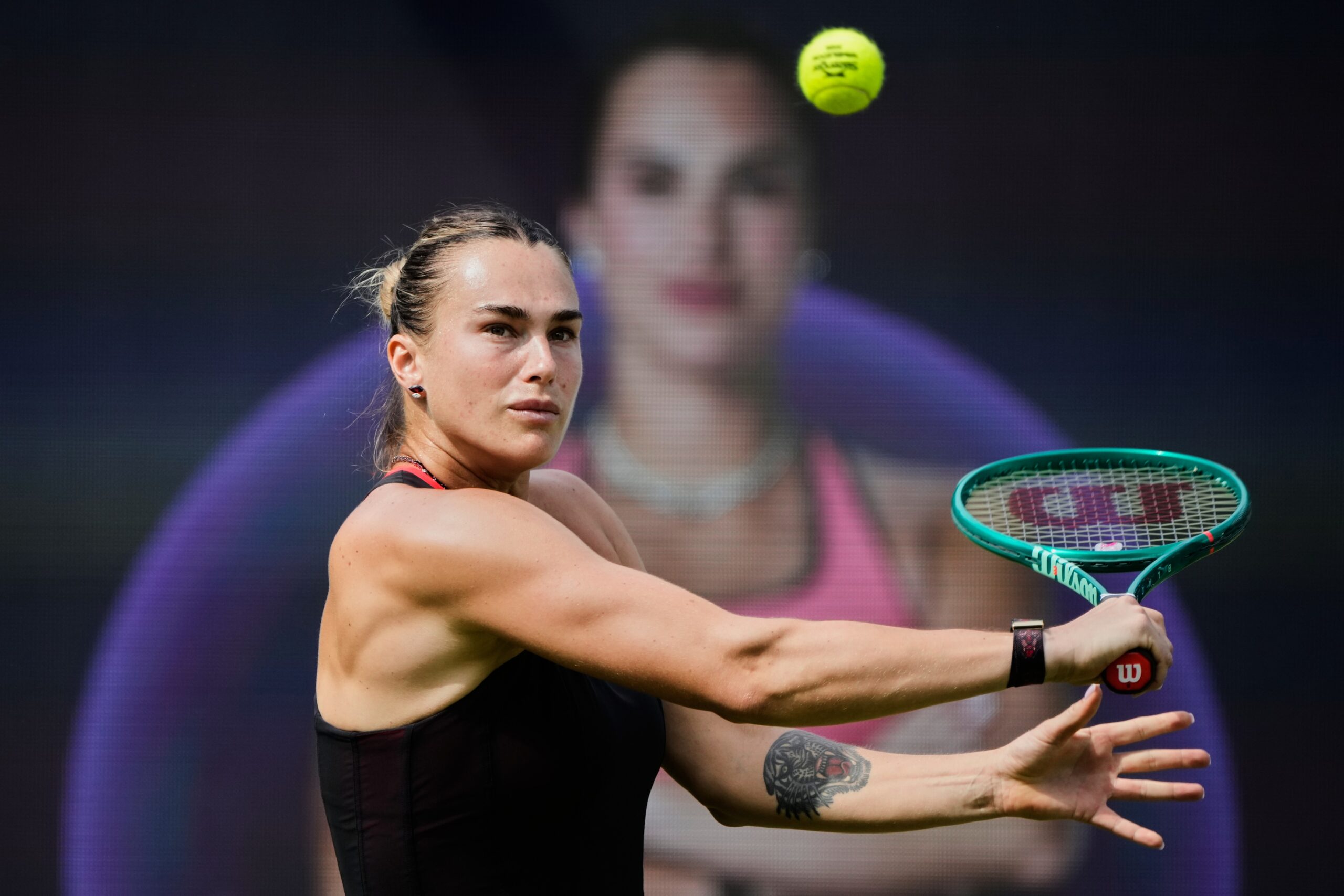 Aryna Sabalenka of Belarus returns the ball as she plays against Nikola Bartunkova of Czech Republic during their women's singles quarter-final match at the WTA 500 Berlin Open tennis tournament at the Steffi Graf Stadium, in Berlin, Germany, Friday, June 19, 2026. Photo: Ebrahim Noroozi/AP