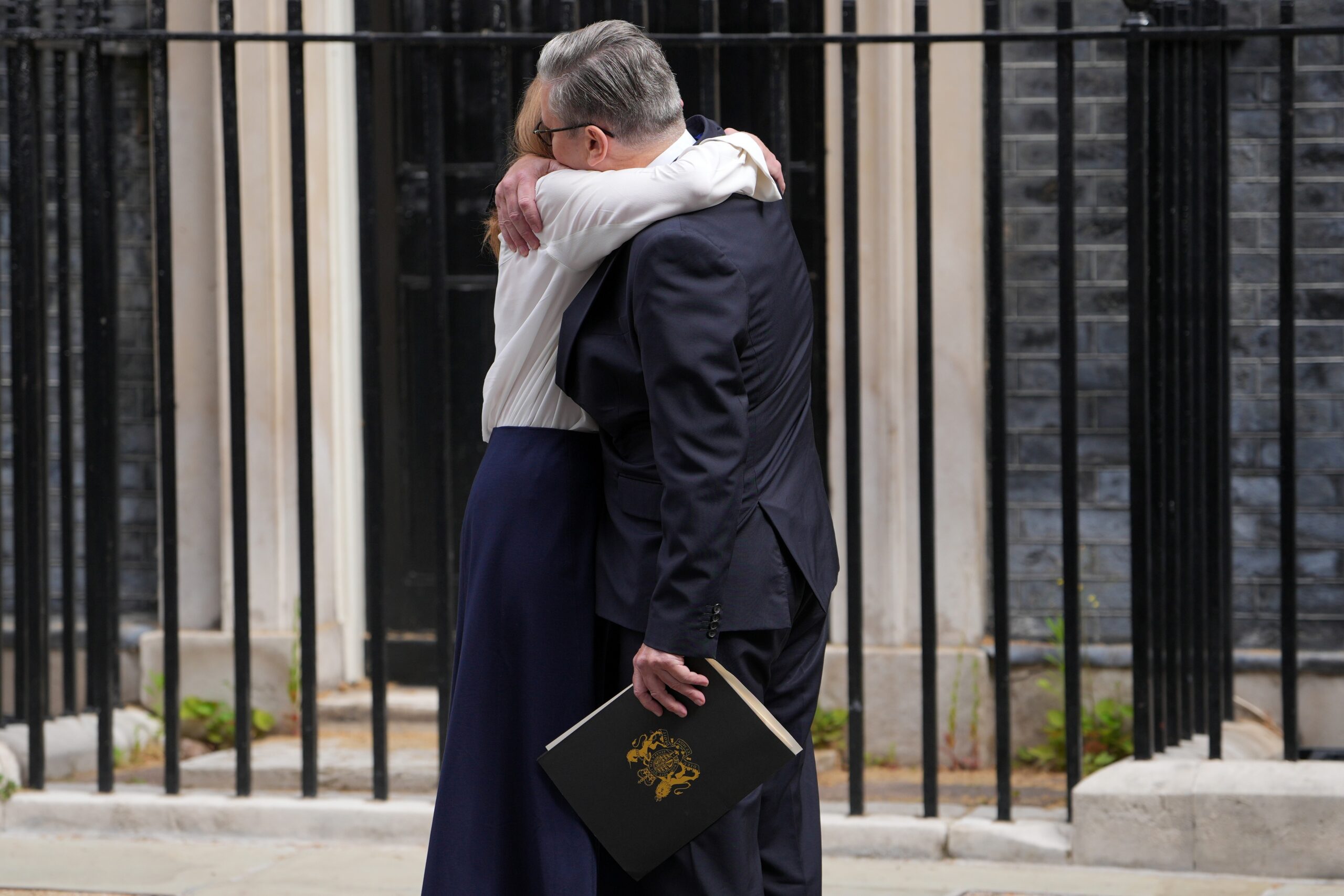 Britain's Prime Minister Keir Starmer hugs his wife Victoria outside 10 Downing Street after speaking to the media in London, Monday, June 22, 2026. Photo: Kin Cheung/AP