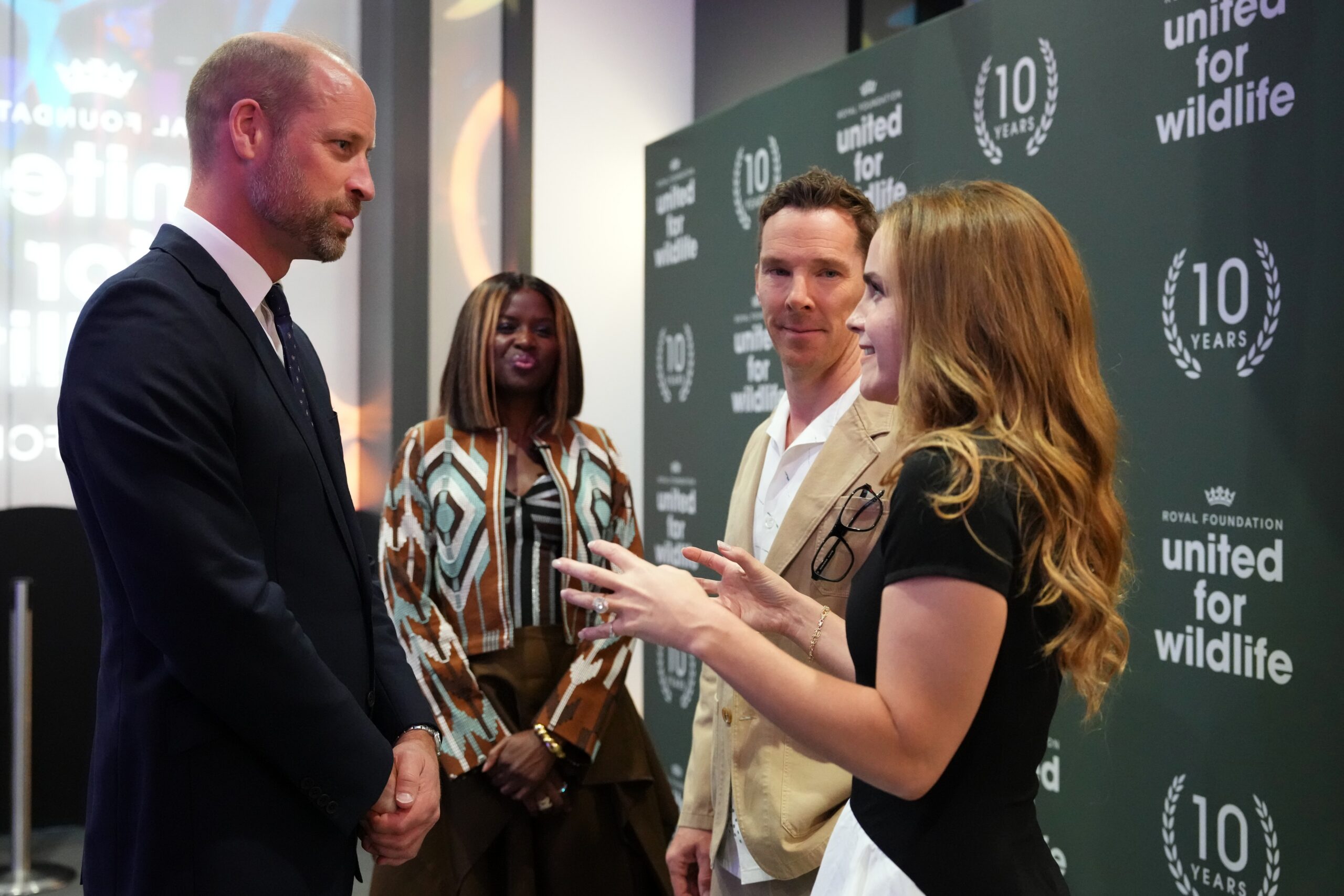 Britain's Prince William, the Prince of Wales, meets actress Emma Watson, right, actor Benedict Cumberbatch, second right, and broadcaster June Sarpong as he attends a landmark Business Forum for The Royal Foundation's United for Wildlife in London, Monday, June 22, 2026. Photo: Kirsty Wigglesworth, Pool/AP
