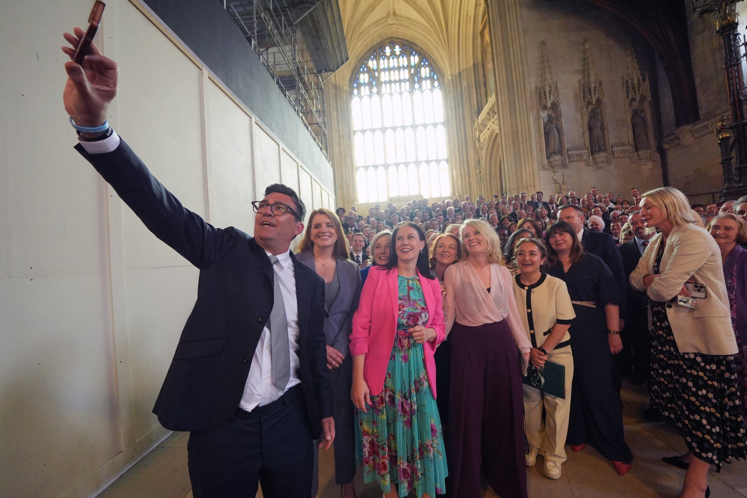 Andy Burnham with colleagues from the Parliamentary Labour Party in Westminster Hall at the Houses of Parliament in central London, as he returns to the House of Commons to take up his seat after winning the Makerfield by-election, Monday June 22, 2026. Photo: Yui Mok/PA via AP