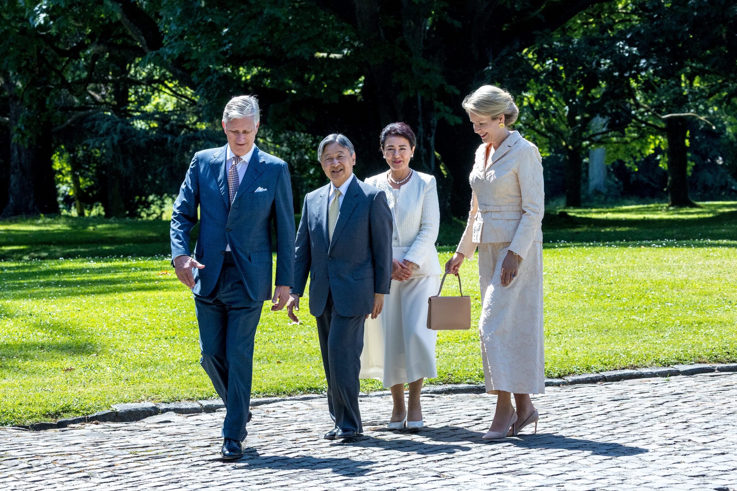 Japan's Emperor Naruhito, center left, and Japan's Empress Masako, center right, are greeted by Belgium's King Philippe, left, and Belgium's Queen Mathilde, right, as part of a state visit at the Palace of Laeken, in Laeken, Belgium, Monday, June 22, 2026. Photo: Omar Havana/AP