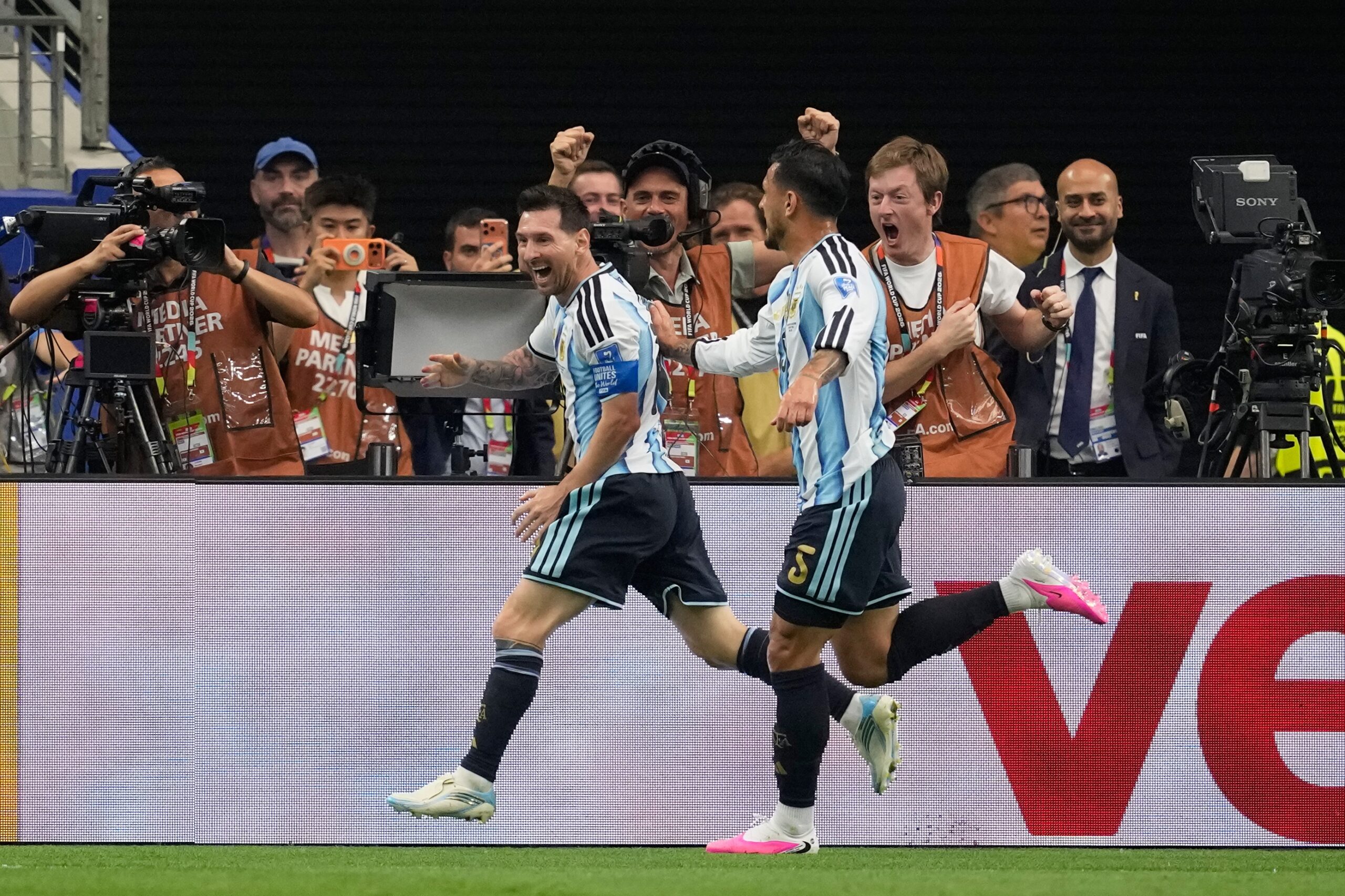 Argentina's Lionel Messi, left, celebrates scoring his side's second goal against Austria during the World Cup Group J soccer match in Arlington, Texas, near Dallas, Monday, June 22, 2026. Photo: Tony Gutierrez/AP
