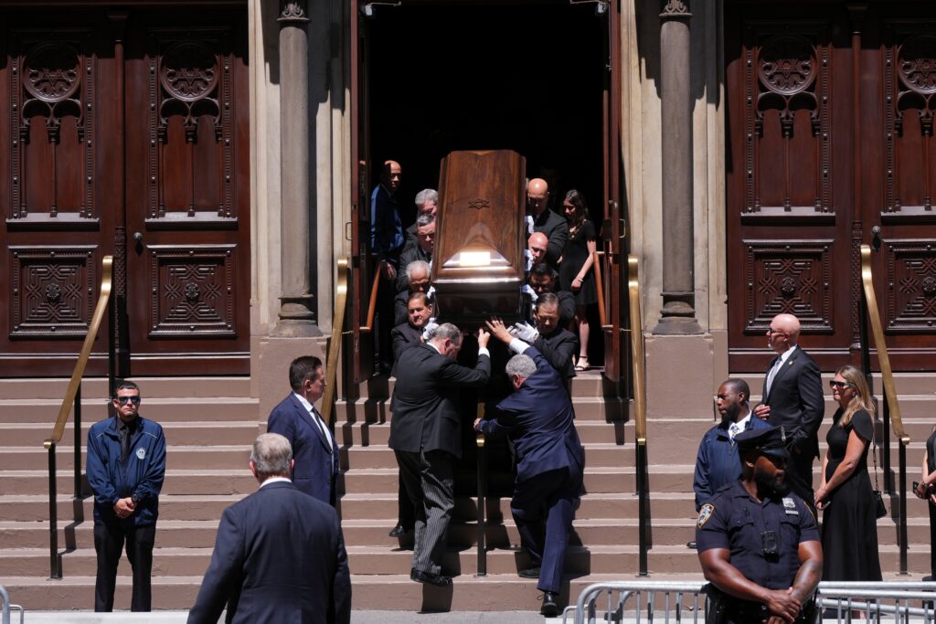 Pallbearers carry the casket after funeral services for Clive Davis at Central Synagogue in New York, Monday, June 29, 2026. Photo: Adam Gray/AP