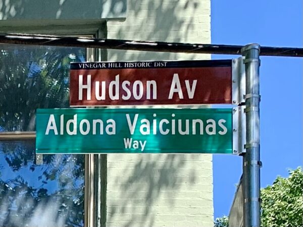 “Aldona Vaiciunas Way,” at the intersection at Hudson Avenue and Evans Street in Vinegar Hill. Photo: Mary Frost/Brooklyn Eagle