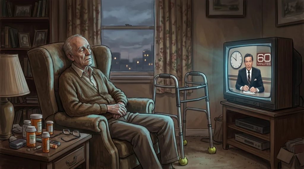 An aging man sleeps as a news program plays on television.