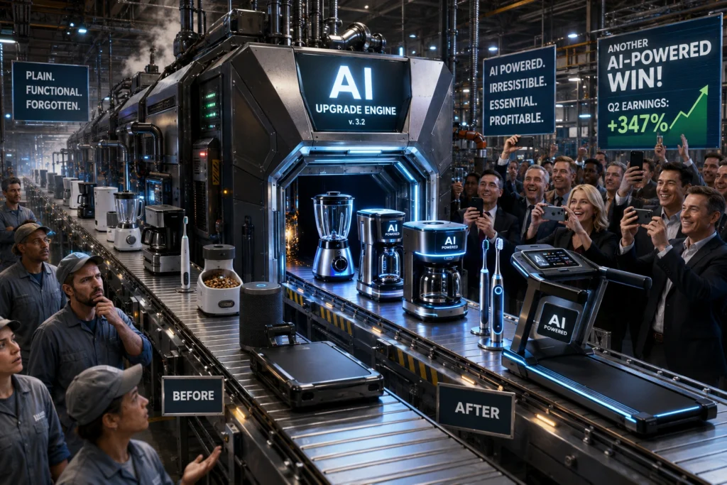 Editorial illustration of a massive futuristic factory assembly line. Ordinary household products — blenders, coffee makers, toothbrushes, pet feeders, speakers and treadmills — enter one side of a machine looking plain and functional. They emerge from the other side virtually unchanged except for glowing lights, sleek chrome accents and prominent "AI Powered" labels. Executives, investors and marketers cheer and take photos while factory workers look puzzled.