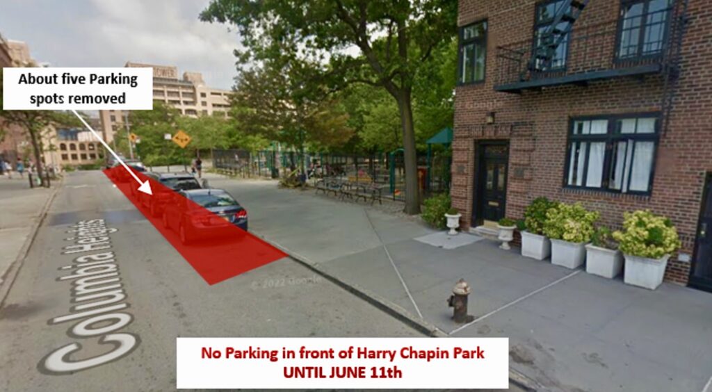 No parking on Columbia Heights until Thursday, June 11. Graphic: NYCDOT