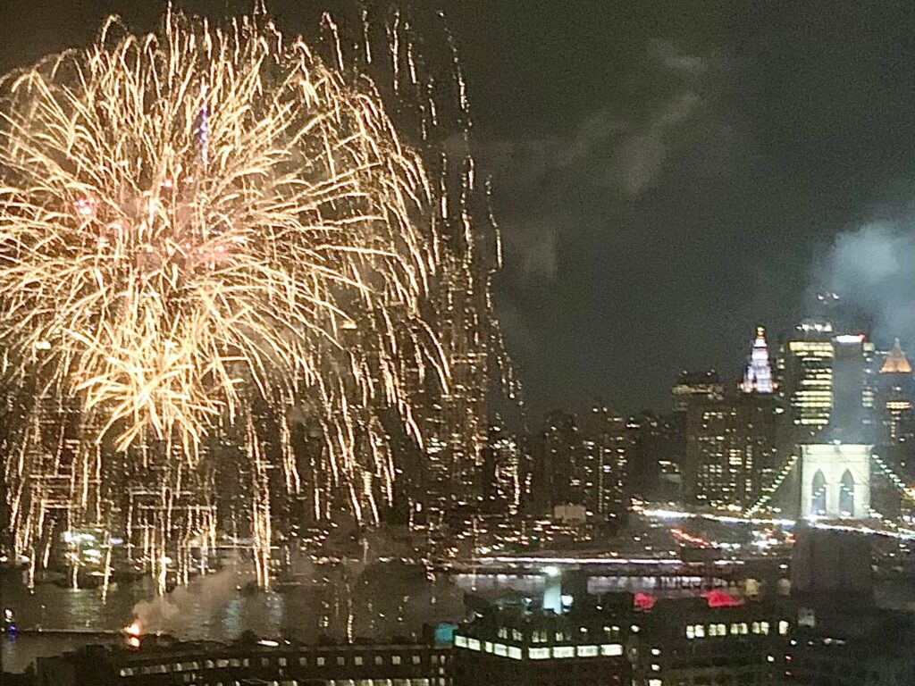 Spectacular fireworks lit up DUMBO Thursday night, courtesy of Jay-Z. Photo: Mary Frost/Brooklyn Eagle