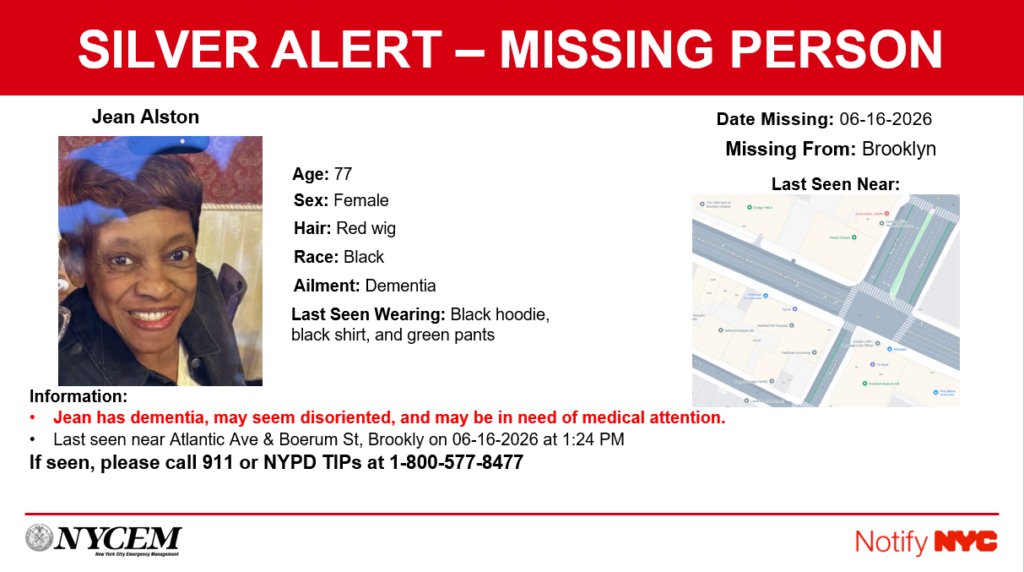 This 77-year-old woman was last spotted Tuesday on Boerum Place near Atlantic Avenue, according to a map from NYCEM. Photo: NYCEM