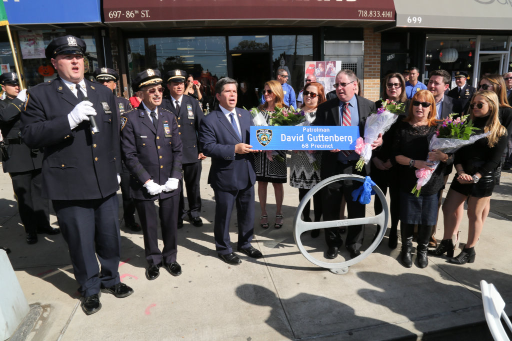 The unveiling of Patrolman David Guttenberg Way in 2017. Photo: John Calabrese