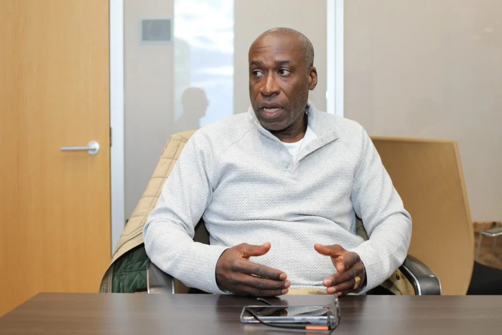 Brian Kendall speaks about his homicide conviction being overturned after he spent 17 years in prison, March 17, 2026. Credit: Alex Krales/The City Reporter