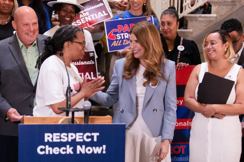 Council Speaker Julie Menin (D-Manhattan) holds a City Hall rally ahead of vote on increased funding for school paraprofessionals, July 16, 2026. Credit: Emil Cohen/NYC Council Media Unit