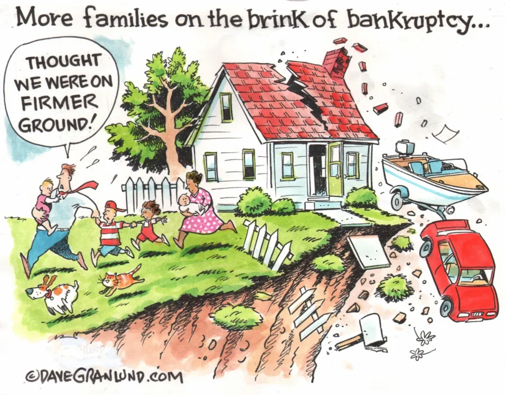 Family Fleeing Crumbling Cliffside House by Dave Granlund