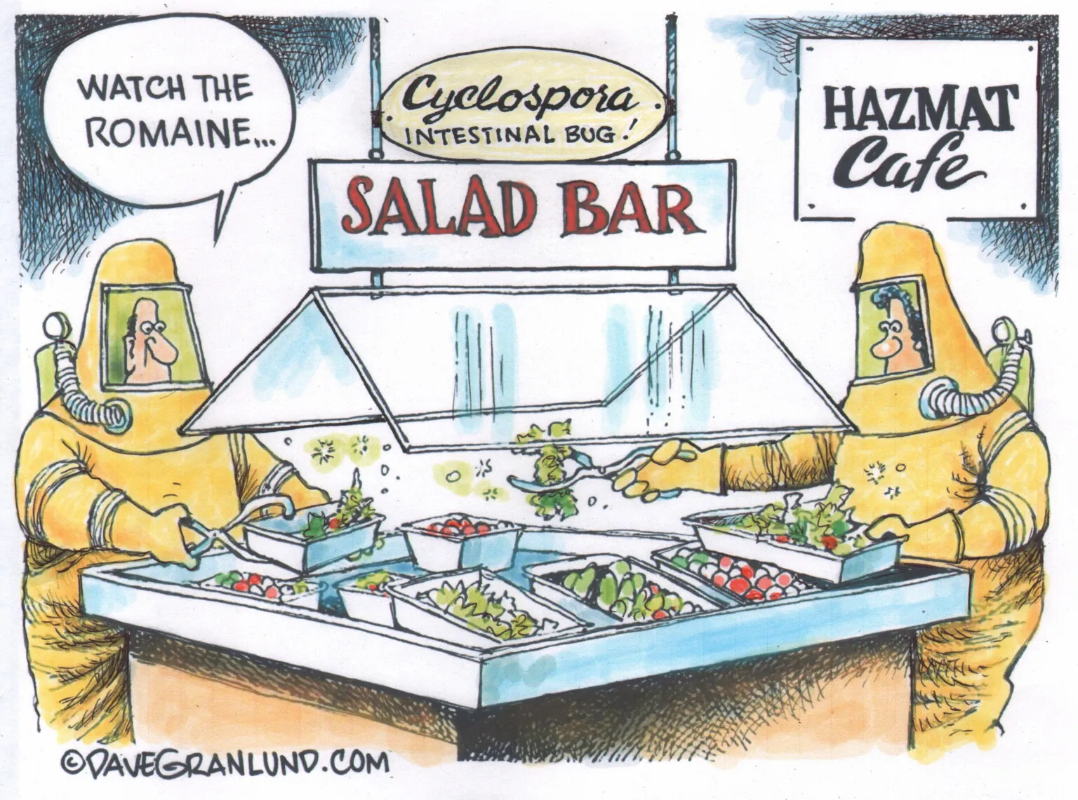 Hazmat Suits at Cyclospora Salad Bar by Dave Granlund