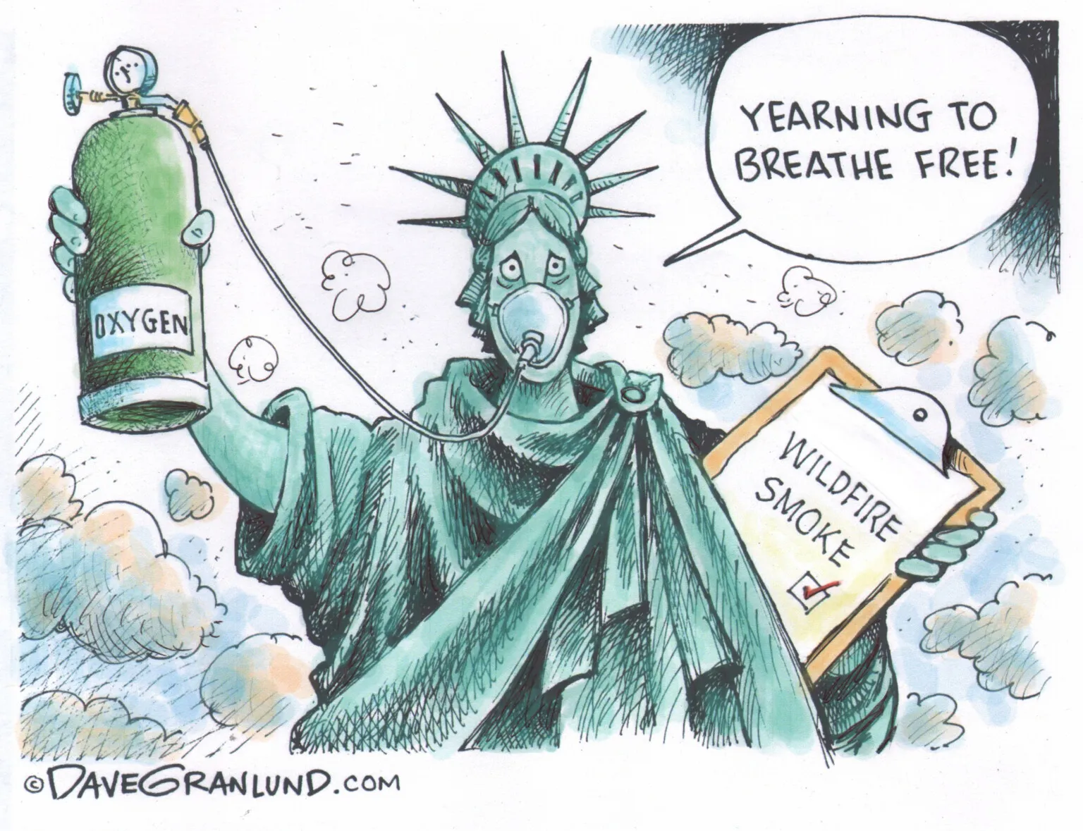 Statue of Liberty Gas Mask Wildfire Smoke by Dave Granlund