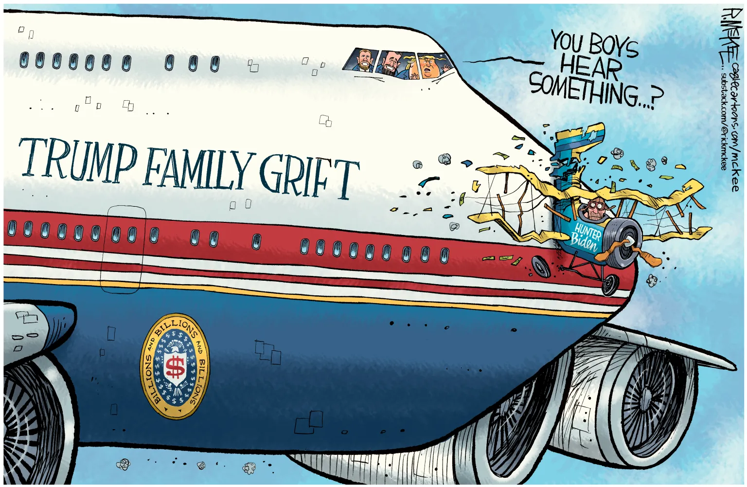 Trump Family Grift Jet and Hunter Biden Biplane by Rick McKee