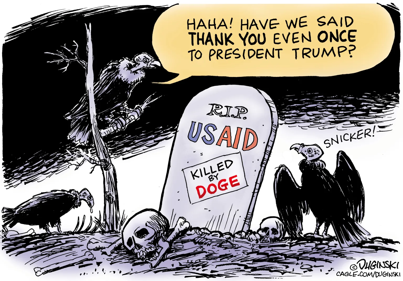 Vultures Mock USAID Tombstone After DOGE by Paul Duginski