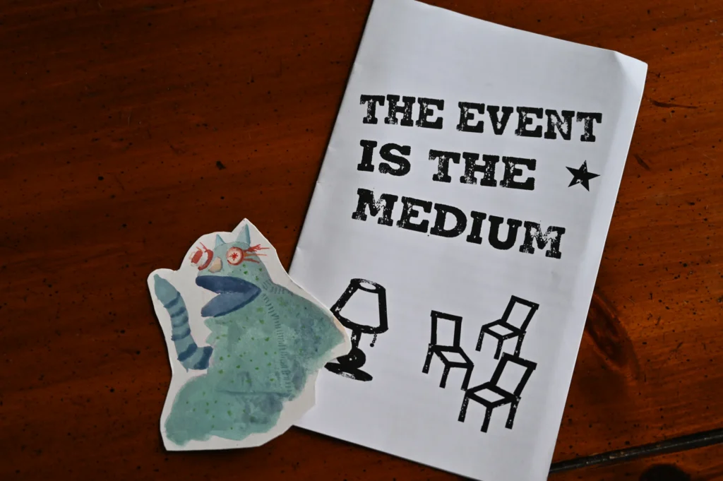 At the Summer of Ludd closing press release, organizers handed out pamphlets detailing the importance of free, public, participatory events and hand-painted depictions of media puppet Gowanus in lieu of photos of anonymous organizers. Photo: Ella Spungen/Brooklyn Eagle