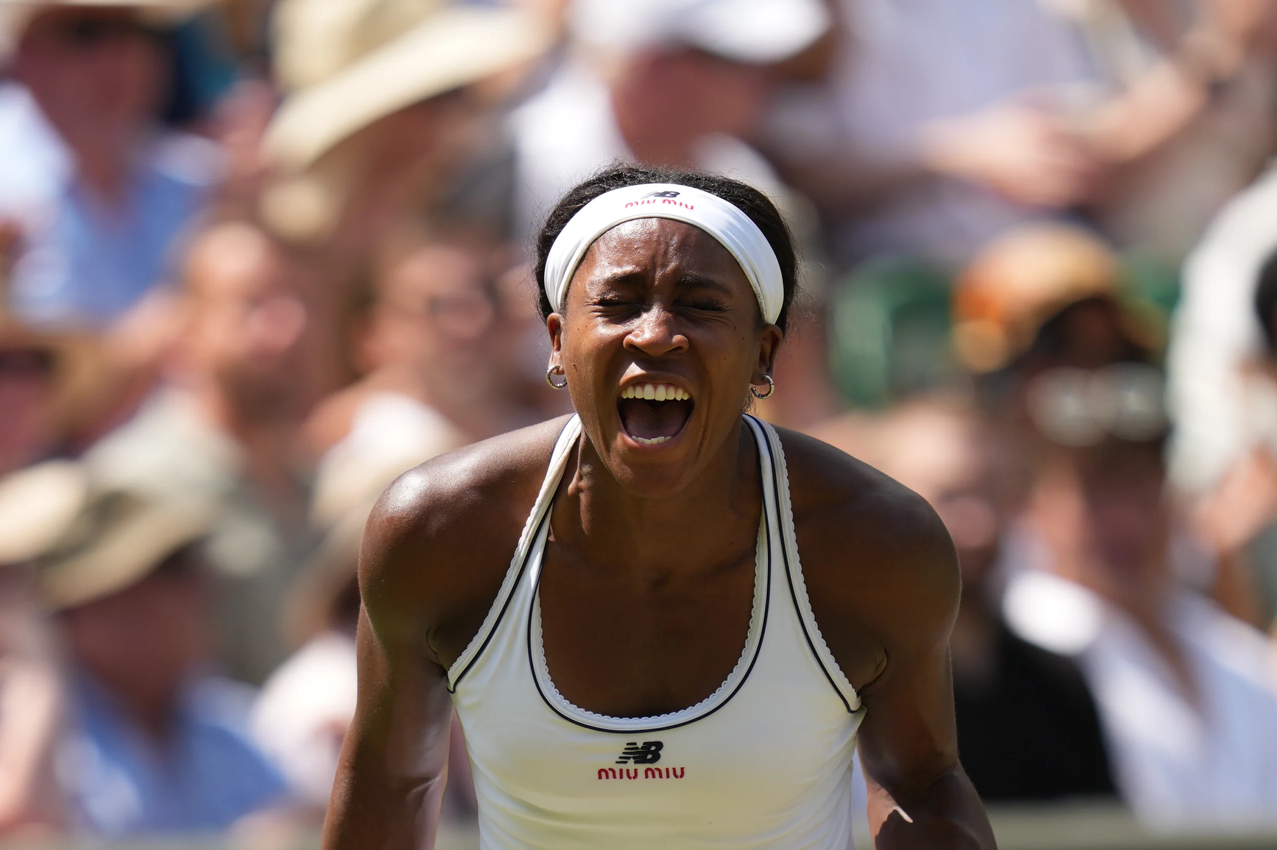 LONDON — The ecstasy and the agony — winning a key game but then falling in the match: Coco Gauff of the United States reacts after winning a game against Karolina Muchova of the Czech Republic in their semifinal women's singles match at the Wimbledon Tennis Championships, Thursday, July 9, 2026. Photo: Kirsty Wigglesworth/AP