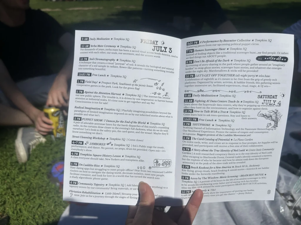 The Summer of Ludd was promoted completely offline, particularly by distributing this pamphlet in public spaces across New York City. The pamphlet urged readers to share information offline and call a hotline for updates. Photo: Ella Spungen/Brooklyn Eagle