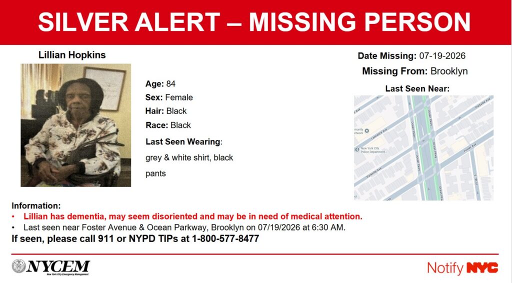 A Silver Alert has been issued for Lilian Hopkins, age 84. Image: NYCEM