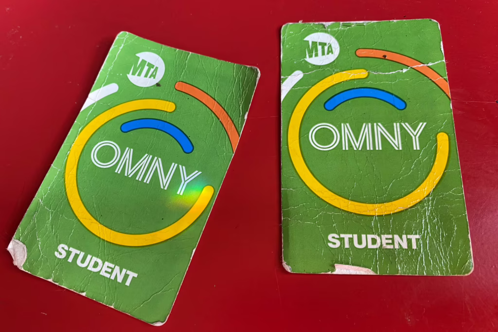 Student OMNY cards from the 2025-26 school year. (Amy Zimmer / Chalkbeat)