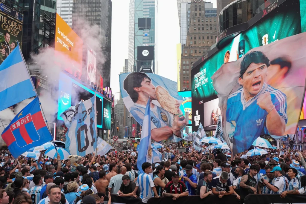 Argentina fans gather for a rally on the eve of the World Cup final soccer match in New York's Times Square, Saturday, July 18, 2026. Credit: AP Photo/Frank Franklin II