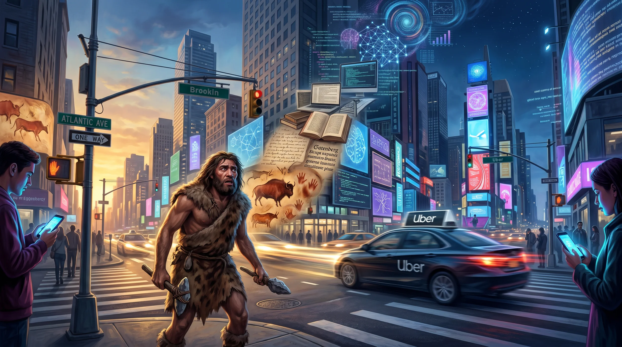 A caveman appears confused and out of place in New York City. Image generated using Nano Banana.