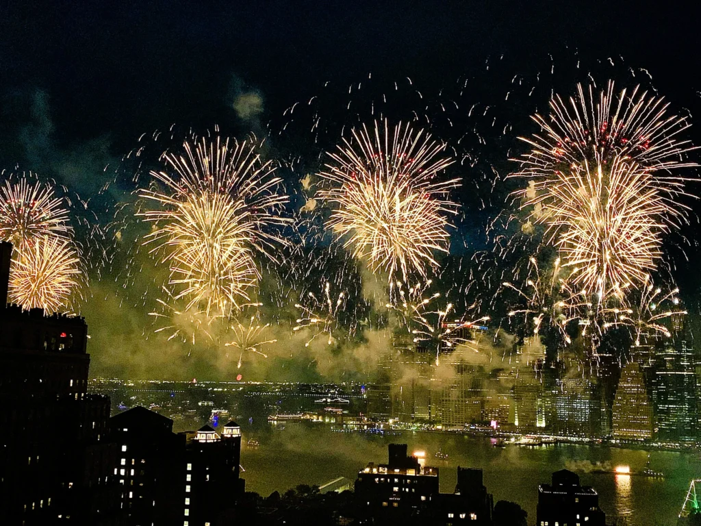 The 2026 Macy’s 4th of July Fireworks as seen from atop a tower in Brooklyn Heights. Photo: Mary Frost/Brooklyn Eagle
