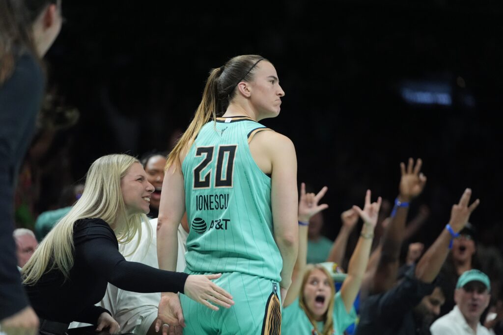 New York Liberty's Sabrina Ionescu (20) reacts after making a three-point shot during the second half of a WNBA basketball game against the Chicago Sky Wednesday, July 22, 2026, in New York. (AP Photo/Frank Franklin II)