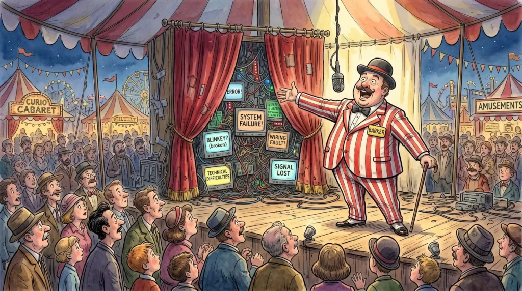 AI promises often look impressive from the stage. Behind the curtain is a more complicated reality of fragile systems, errors and constant human intervention. Image generated using Nano Banana