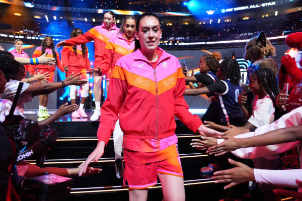 Team Coop's Breanna Stewart greets fans before a WNBA All-Star basketball game against Team Spoon in Chicago, Saturday, July 25, 2026. (AP Photo/Nam Y. Huh)