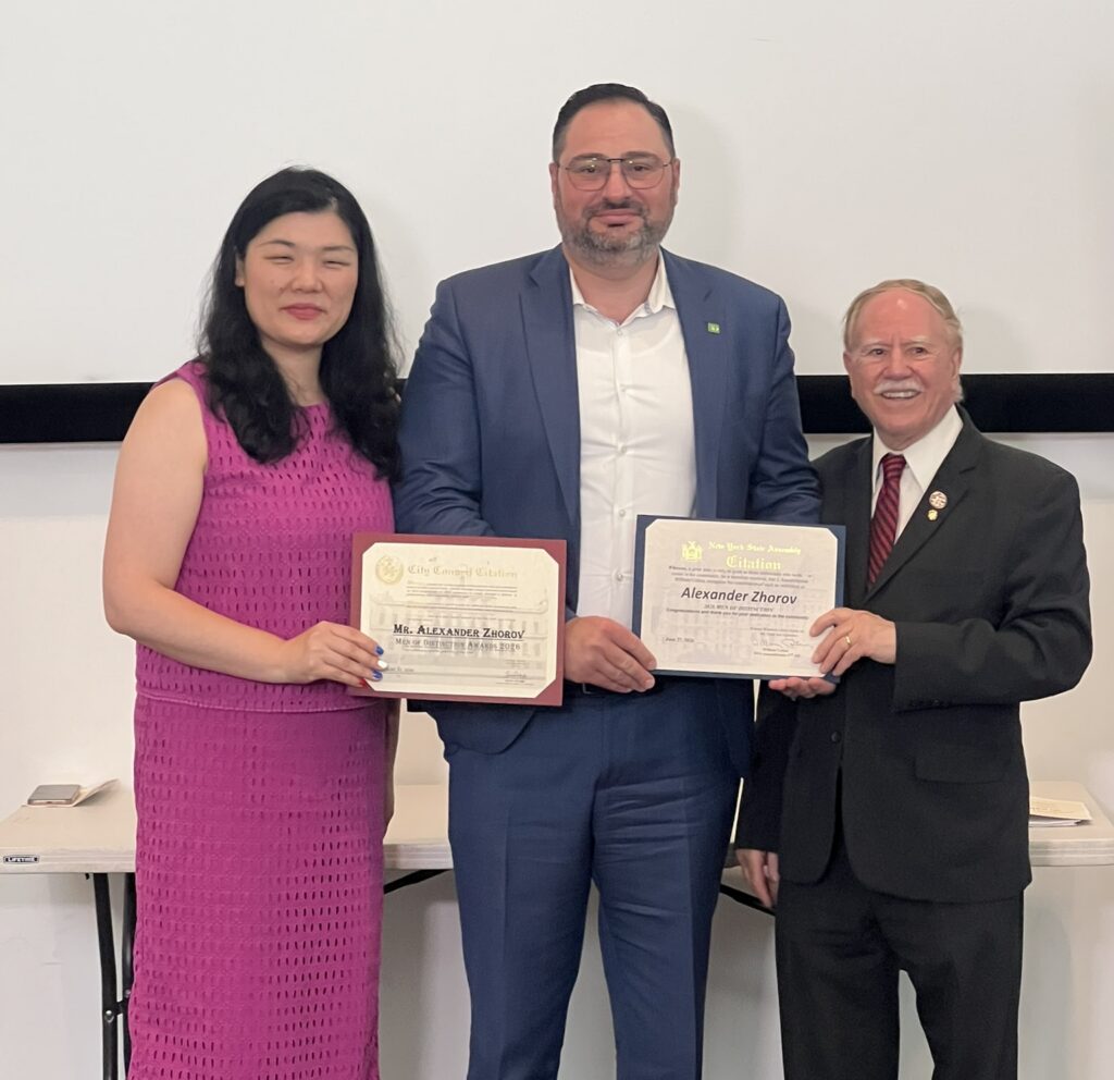 City Councilmember Susan Zhuang and Assemblyman William Colton posed for a photo with honoree Alexander Zhorov. Photo: Assemblymember William Colton