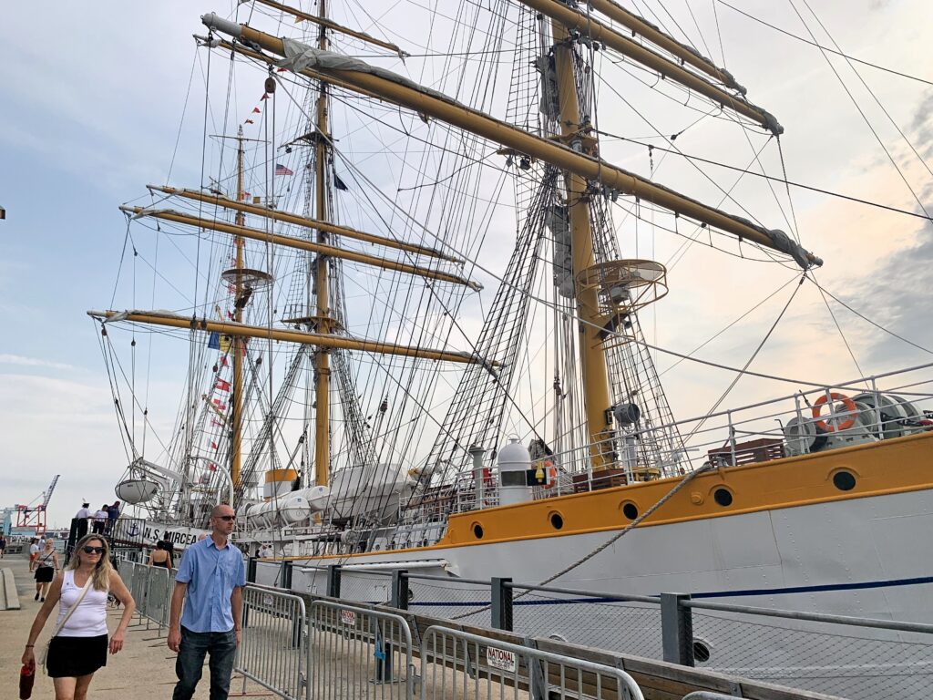 Mircea, a three-masted barque from Romania, is one of several tall ships docked at Brooklyn Bridge Park until Wednesday morning. Photo: Mary Frost/Brooklyn Eagle
